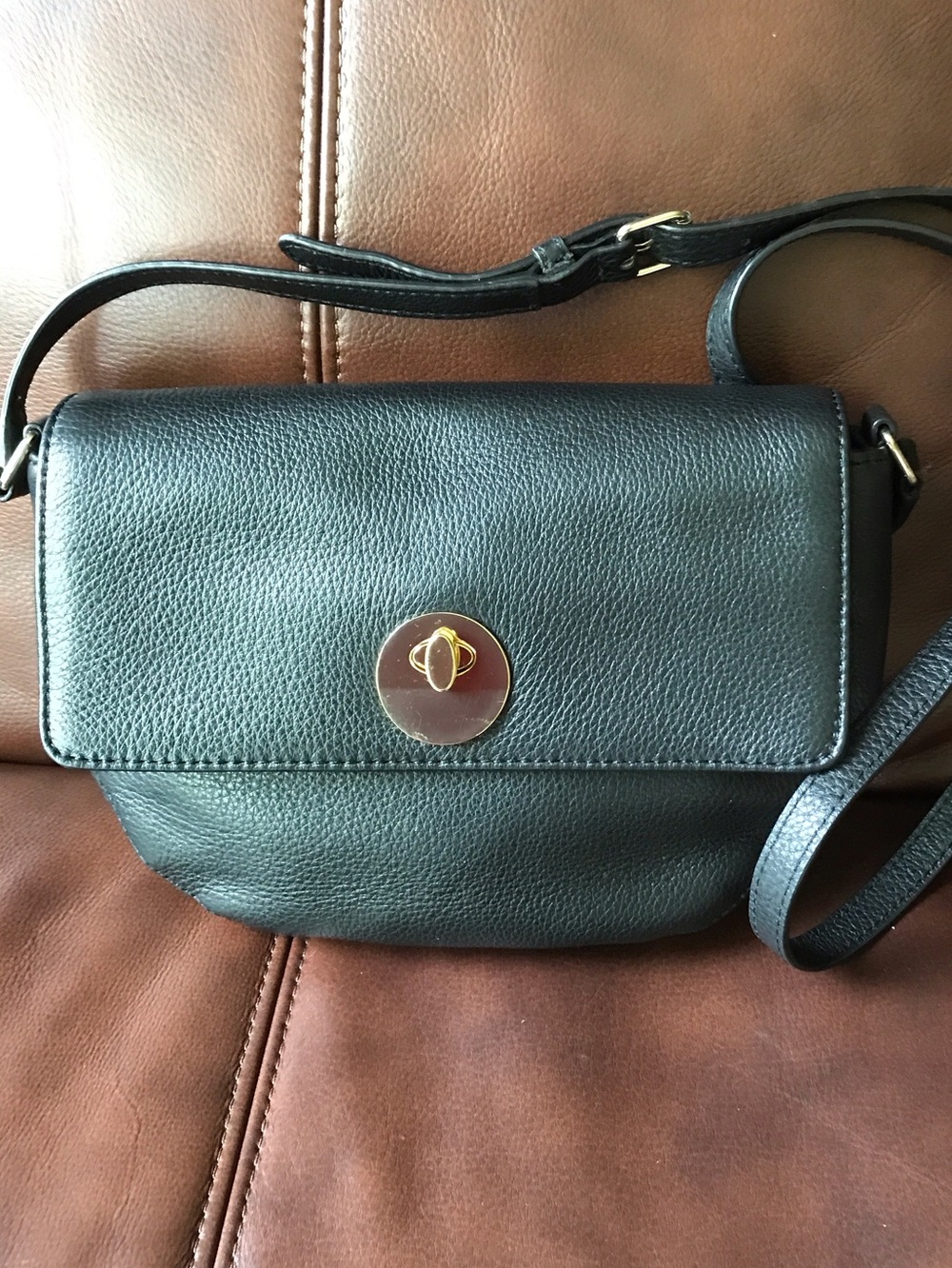 Classic Black Leather Shoulder Bag with Gold Turn-Lock